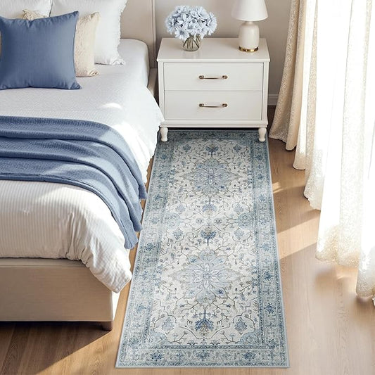 RELEANY Area Rugs Runner 2'6"x8' Washable Non-Slip, Floral Vintage Distress Medallion Carpet for Kitchen Hallway Bedroom Beside Laundry Room Bathroom, Light Blue Navy Gray White