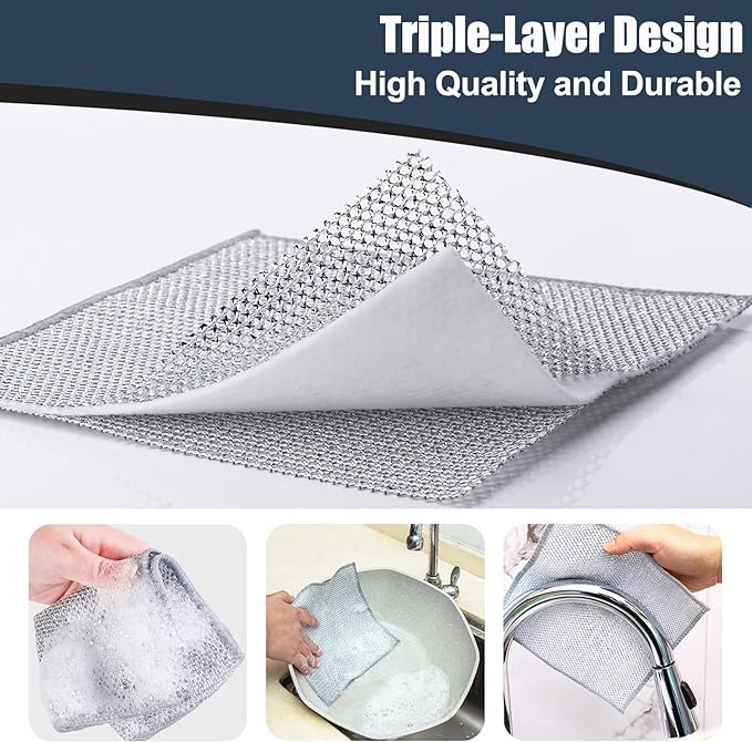 Navona 12 Pcs New Upgrade Steel Wire Dishcloth,Triple-Layer Steel Wire Cleaning Cloth,Powerful Cleaning Non-Scratch Wire Dishcloth Rag for Cookware, Sinks, Dishes, Stove Tops
