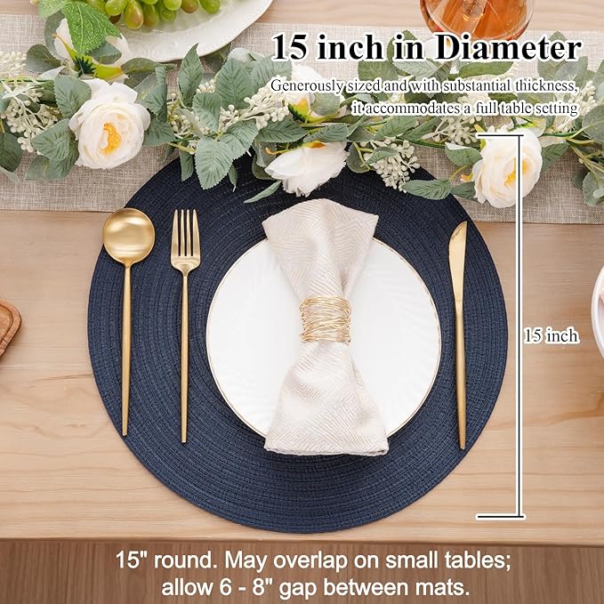 SHACOS 15 inch Round Placemats Set of 12 for Dining Table Braided Circle Place Mats Kitchen Table Placemat Washable Table Mats, Navy Blue