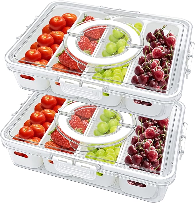 2Pack Divided Serving Tray with Lid and Handle Portable Snackle Box Charcuterie Container Clear Stackable food Organizer for Fruits Veggies for Fridge Party (2 Pack 4 Compartment with Handle)