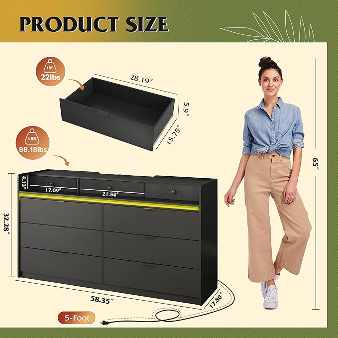 WLIVE 9 Drawer Led Dresser for Bedroom, 58" Black Wood Dresser Storage Organizer with Charging Station for 65" TV, Dressers with Open Shelves, Chest of Drawers for Closet, Living Room