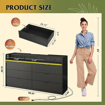 WLIVE 9 Drawer Led Dresser for Bedroom, 58" Black Wood Dresser Storage Organizer with Charging Station for 65" TV, Dressers with Open Shelves, Chest of Drawers for Closet, Living Room