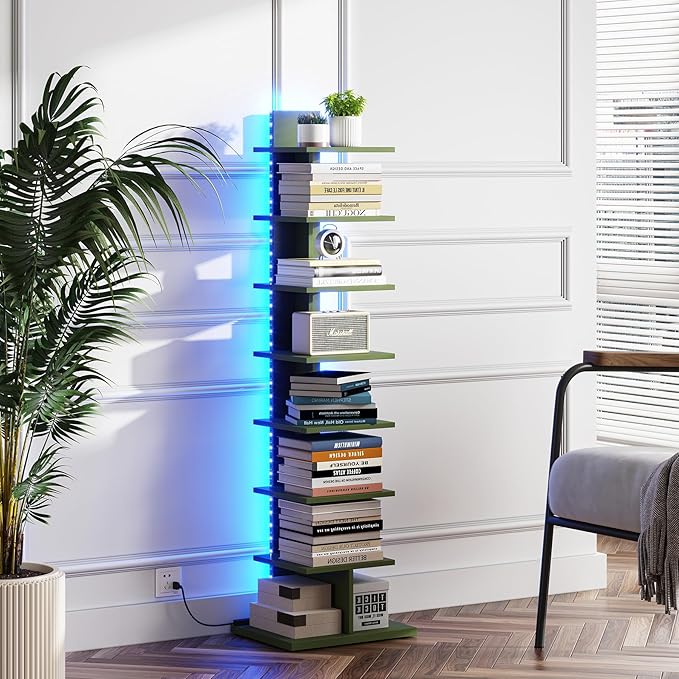 TUTOTAK Narrow Bookshelf, 8-Tier Bookcase with LED Lights, Spine Book Shelf for Small Space, Corner Standing Shelf for Living Room, Office, Study, Entryway, Olive Green BS06BOG008L