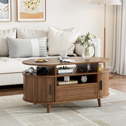 39" Fluted Coffee Table, Coffee Tables with Storage, Oval Coffee Table for Living Room, Center Table with Tambour Doors, Walnut Coffee Tables for Apartment, Office