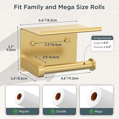 FORIOUS Toilet Paper Holder with Shelf, Adhesive or Screw Wall Mount Toilet Paper Roll Holder for Bathroom, 304 Stainless Steel Commercial Toilet Tissue Roll Dispenser with Phone Shelf (Brushed Gold)
