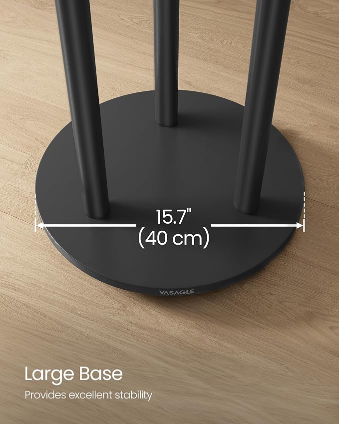VASAGLE Freestanding Coat Rack Stand, Coat Tree with 11 Hooks, 3 Shelves, 4 Removable 360° Swivel Wheels, Wooden Hooks and Poles, for Entryway, Bedroom, Living Room, Ink Black URCR023B01
