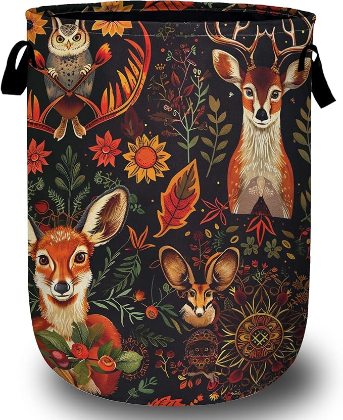 Retro Deer Owl Fox Laundry Basket, Foldable Wild Animals Floral Laundry Hamper Tote Bag Dirty Clothes Storage Bucket Toy Organizer for Bathroom/Laundry/Bedroom 15.7"x19.6"
