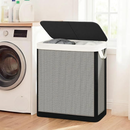 STO STO Double Laundry Hamper with Lid, 140L Large 2 Section Laundry Sorter, Laundry Basket with Removable Washable Canvas Liner Bag, Breathable Clothes Hamper for Bedroom Bathroom Laundry Room Closet