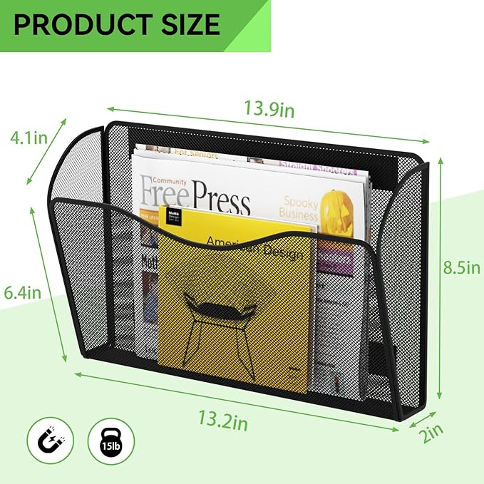 Magnetic File Holder - Heavy Duty Wall File Organizer for Refrigerator & Whiteboard - Strong Magnet Mail Holder & Magazine Rack, No Drilling Document Storage Basket for Office Cabinet