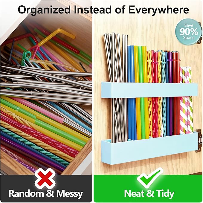 9.5” Large Acrylic Straw Holder for Cabinet Door, Reusable Adjustable Two-Part Straws Organizer with Ultra Sticky Adhesive Strips, 2026 Straw Storage for Kitchen Cupboard (Mint Blue)