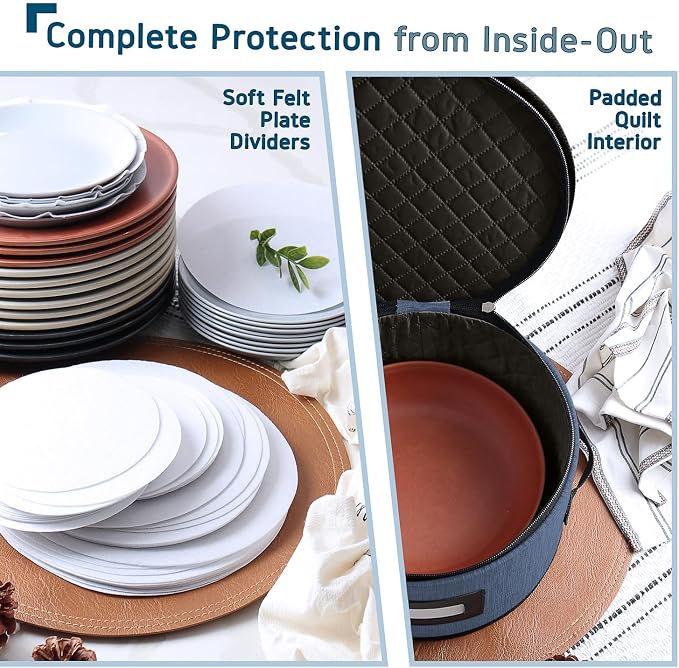 Fine China Storage Containers Hard Shell, 4 Piece Dish Storage Containers, Quilted Plate Containers, Stackable Dish Organizer with Dividers, Dinnerware Storage for Moving and Seasonal Storage, Blue