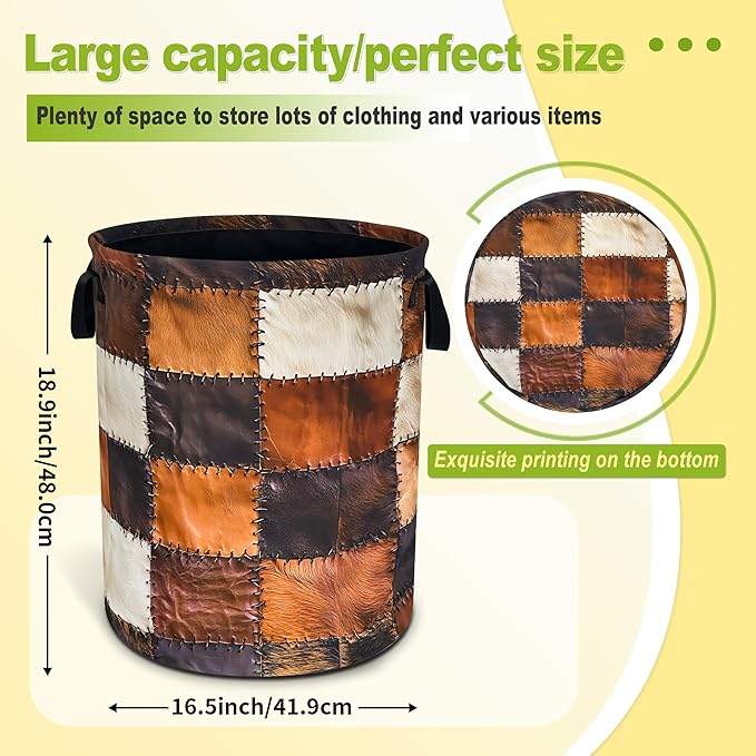 Cow Print Laundry Basket Funny Brown Cowhide Foldable Waterproof Oxford Cloth Tote Bag Laundry Hamper Round Large Clothes Storage Bucket Toy Organizer For Bathroom/Laundry Storage/Bedroom 18.9x16.5 In
