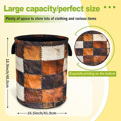 Cow Print Laundry Basket Funny Brown Cowhide Foldable Waterproof Oxford Cloth Tote Bag Laundry Hamper Round Large Clothes Storage Bucket Toy Organizer For Bathroom/Laundry Storage/Bedroom 18.9x16.5 In