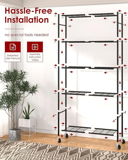 Sakugi Storage Shelves Organizer - 5 Tier Metal Shelf Organizer with Metal Wheels and Adjustable Leveling Feet, Heavy Duty Garage Shelving for Kitchen, Pantry and Closet, 33.1"x12.6"x73.5", Black