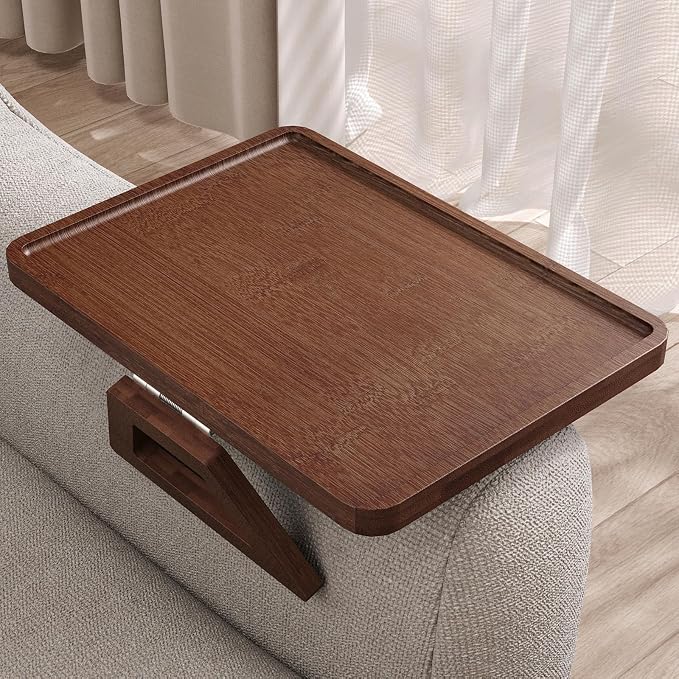 Couch Arm Tray,Bamboo Folding Sofa Tray,Sofa Armrest Tray Clip-On Couch Desk for Drinks,Snacks,Phone,Remote Control（Brown）
