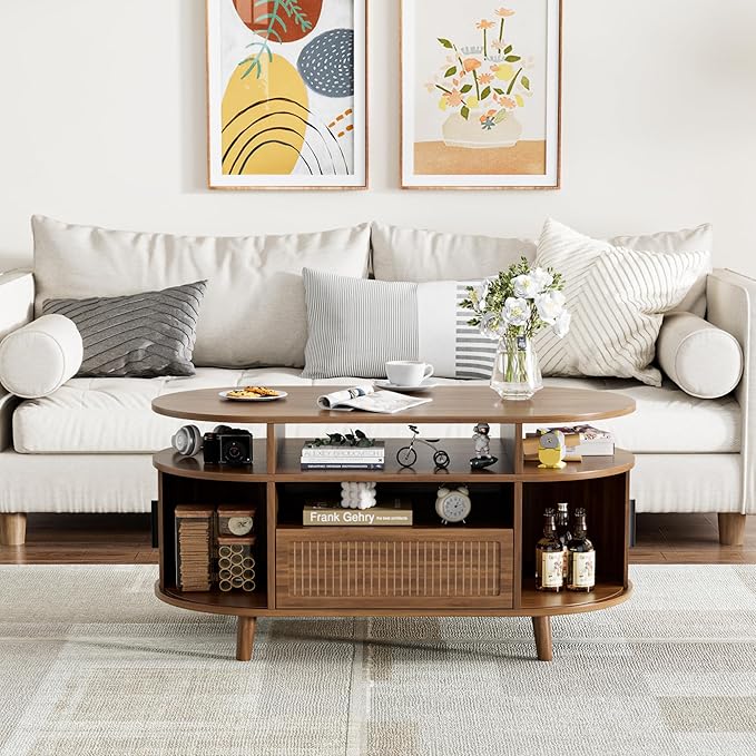 39" Fluted Coffee Table, Coffee Tables with Storage, Oval Coffee Table for Living Room, Center Table with Tambour Doors, Walnut Coffee Tables for Apartment, Office
