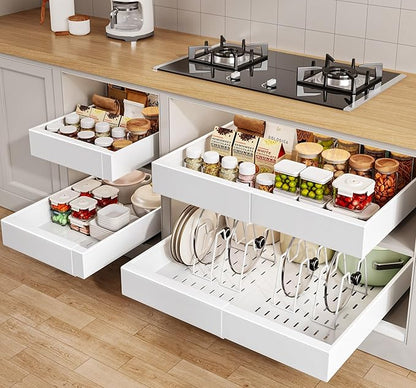 Seinloes 4 Pack Pull out Cabinet Organizer 21"Deep with Raising Pad for Framed Cabinets, Expandable Slide out Drawers for Kitchen Cabinets with 4pcs Divider Racks, Roll out Shelves 12.1"-20.4" W White