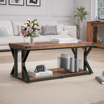 Rectangular Coffee Table, 43" Industrial Living Room Center Tables with Storage Shelf, Heavy-Duty Farmhouse Cocktail Tea Table with Angle Iron Tabletop&Metal Frame, Rustic Brown