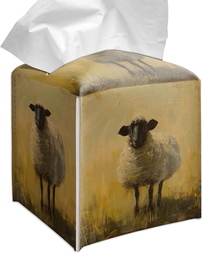 Grace Yonks Cute Sheep Tissue Box Cover Square, Farmhouse Cube Case for Facial Tissues, 5.2" PU Leather(069)