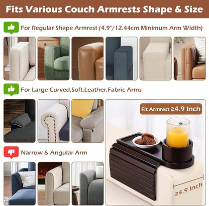 Couch Cup Holder Tray, 15.75" Bamboo Cup Holder for Couch, 3 in 1 Foldable Arm Chair Clip on Side Tray Table for Remote Snack Table on Armrest