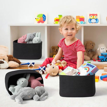 Cotton Rope storage Basket Bins 15X10X9.3“ Woven Basket for Organizing Shelves Rectangle Decorative Baskets For storage Clothes Toys Books Towels Square Wicker Nursery basket organizer 3 pack black