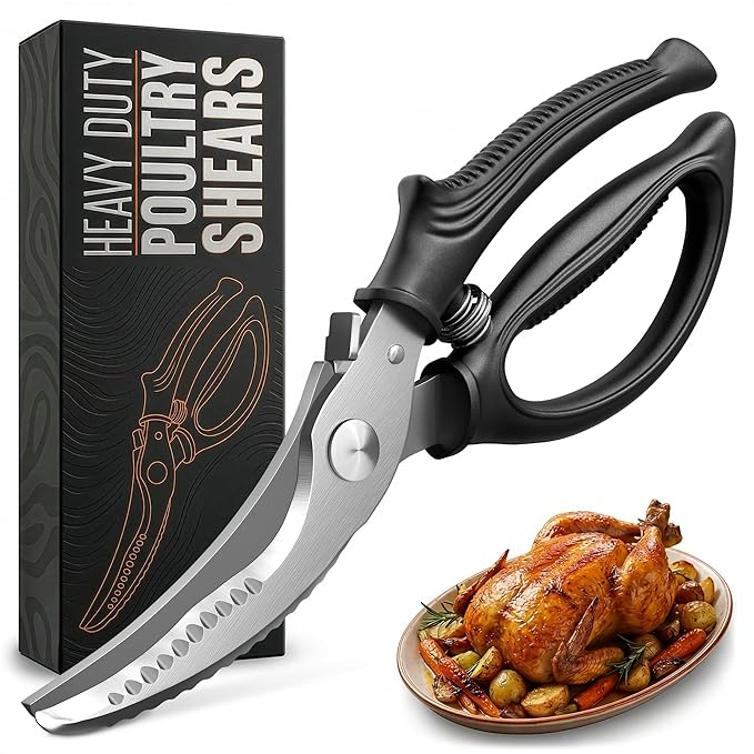 Poultry Shears Heavy Duty – Stainless Steel Chicken Shears with Spring Loaded Design, Non-Slip Serrated Edge & Safety Lock, Dishwasher Safe – Bone Cutting Scissors for Turkey, Poultry & Spatchcock