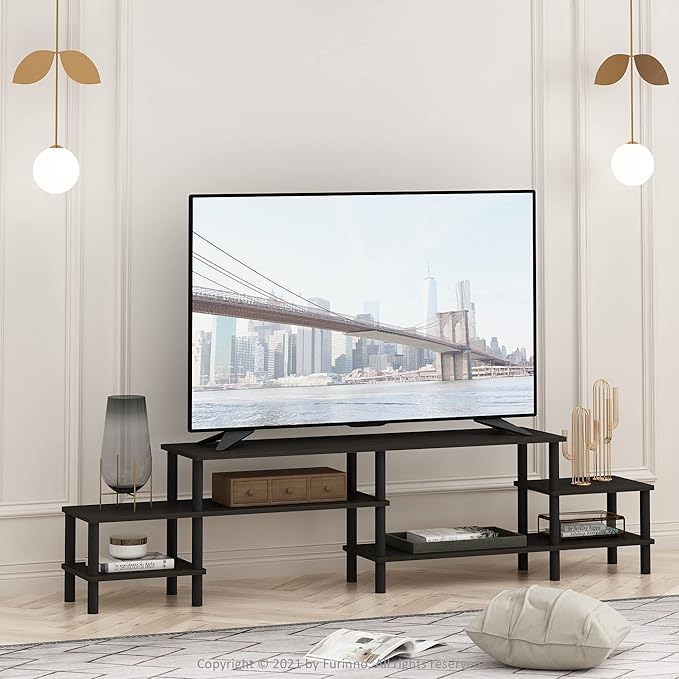 Furinno BESI TV Stand, No Tools Assembly Industrial Style Entertainment Center, TV Console for TV up to 46 Inch, for Living Room, Bedroom, Dark Oak
