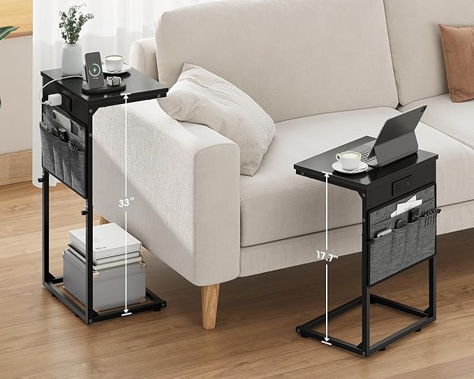 Vagusicc C Shaped End Table with Charging Station, Tall C Table End Table Adjustable Height Side Table for Couch, Small Couch Table Slide Under Sofa Table TV Tray Table for Living Room, Bedroom, Black