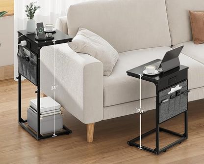 Vagusicc C Shaped End Table with Charging Station, Tall C Table End Table Adjustable Height Side Table for Couch, Small Couch Table Slide Under Sofa Table TV Tray Table for Living Room, Bedroom, Black
