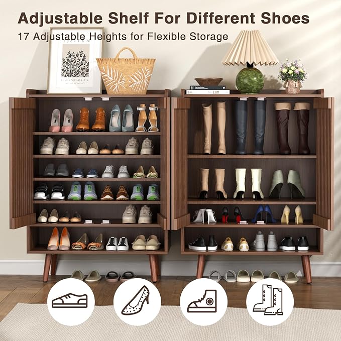 Large Shoe Cabinet with Grille Doors, 6 Tier Wooden Shoe Storage Cabinet with Adjustable Shelves, Mid-Century Freestanding Shoe Organizer Cabinet for Entryway, Hallway, Walnut