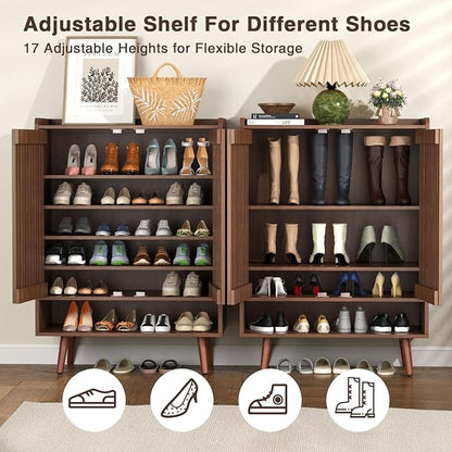 Large Shoe Cabinet with Grille Doors, 6 Tier Wooden Shoe Storage Cabinet with Adjustable Shelves, Mid-Century Freestanding Shoe Organizer Cabinet for Entryway, Hallway, Walnut