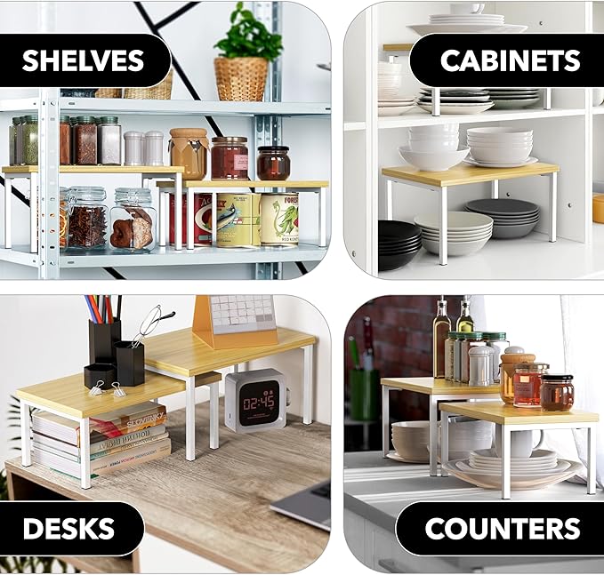 Simple Houseware Expandable Stackable Cabinet and Counter Shelf Organizer with Wooden Surface, 7.6'' D x 11.75'' W x 6.1'' H, Oak