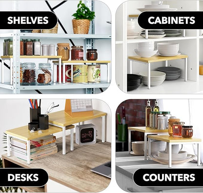 Simple Houseware Expandable Stackable Cabinet and Counter Shelf Organizer with Wooden Surface, 7.6'' D x 11.75'' W x 6.1'' H, Oak
