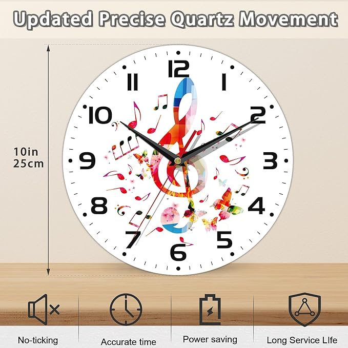 Clock for Living Room, Colorful Music Notes Wall Clock, Contemporary Home Decor Easy to Read Wall Clock for Living Room, Bedroom, Bathroom and Kitchen, 10 Inch