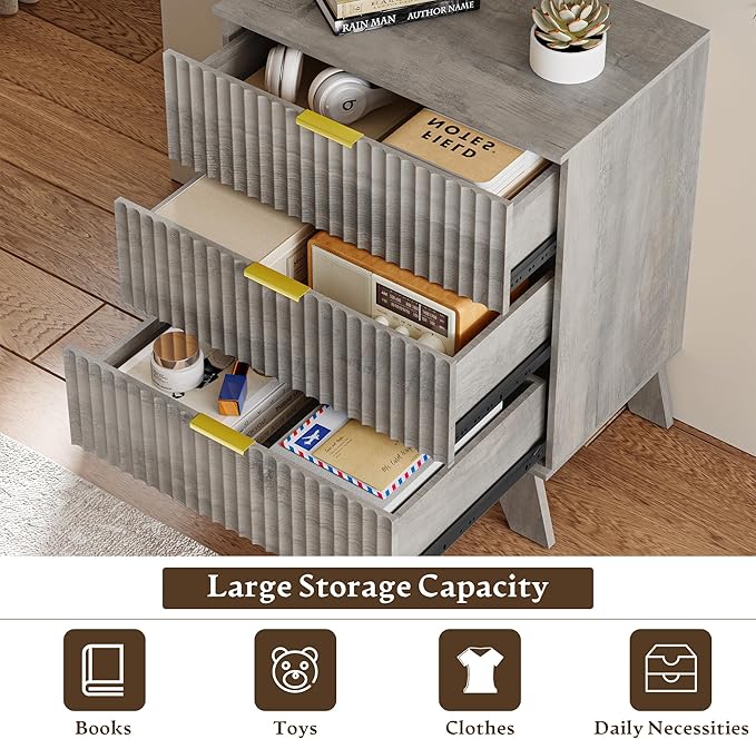 Fluted 3 Drawer Dresser for Bedroom, Mid Century Modern Beside Table with Metal Handle, Wooden Nightstand with 4 Drawers End Table for Living Room, Closet, Entryway, Grey