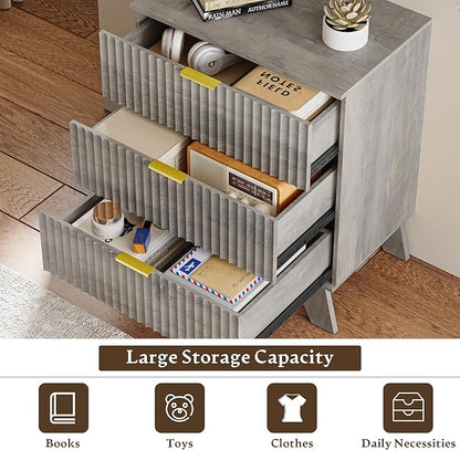 Fluted 3 Drawer Dresser for Bedroom, Mid Century Modern Beside Table with Metal Handle, Wooden Nightstand with 4 Drawers End Table for Living Room, Closet, Entryway, Grey