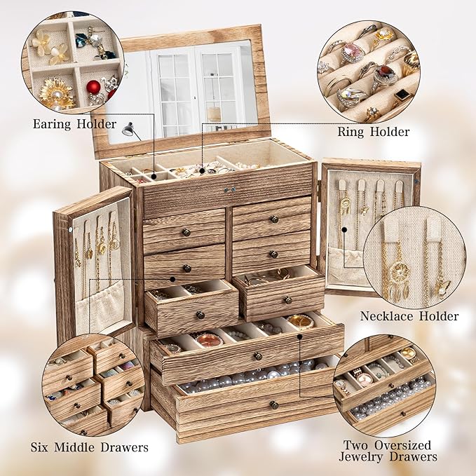 Emfogo Jewelry Box for Women Wooden Jewelry Boxes & Organizers 5-Layer Rustic Large Jewelry Organizer Box with Mirror & 8 Drawers for Rings Earrings Necklaces Bracelets Women Girls Gifts
