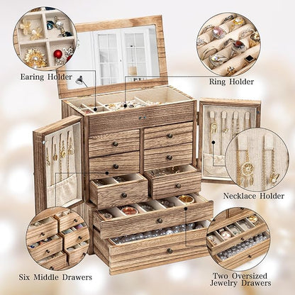 Emfogo Jewelry Box for Women Wooden Jewelry Boxes & Organizers 5-Layer Rustic Large Jewelry Organizer Box with Mirror & 8 Drawers for Rings Earrings Necklaces Bracelets Women Girls Gifts
