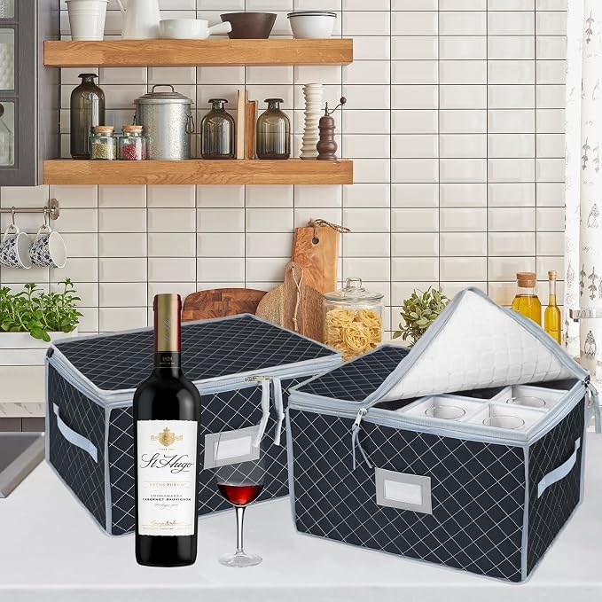 Wine Glass Storage Box with Dividers Holds 24 Stemware Storage Cases or China Crystal Glassware Containers with Handles and Lable Window (15.5" x 12.5"x10")-Set of 2 Grey
