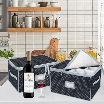 Wine Glass Storage Box with Dividers Holds 24 Stemware Storage Cases or China Crystal Glassware Containers with Handles and Lable Window (15.5" x 12.5"x10")-Set of 2 Grey