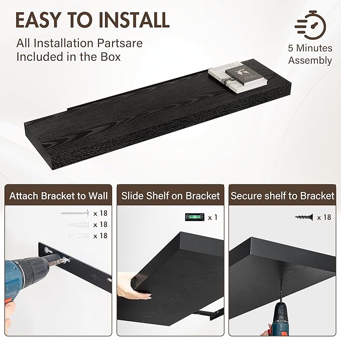 Acovy 48 Inch Floating Shelves, 12" Deep Floating Shelf Wall Mounted, 48" Wall Shelves, Rustic Deep Bookshelf, Extra Deeper & Thicker Display Shelves for Bedroom, Living Room, Black, Set of 2