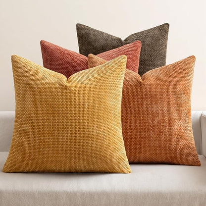 MIULEE Pack of 4 Orange/Yellow Couch Throw Pillow Covers 18x18 Inch Halloween Soft Decorative Chenille Pillows Farmhouse Accent Cushions for Boho Home Decor Spring Sofa Bedroom Living Room