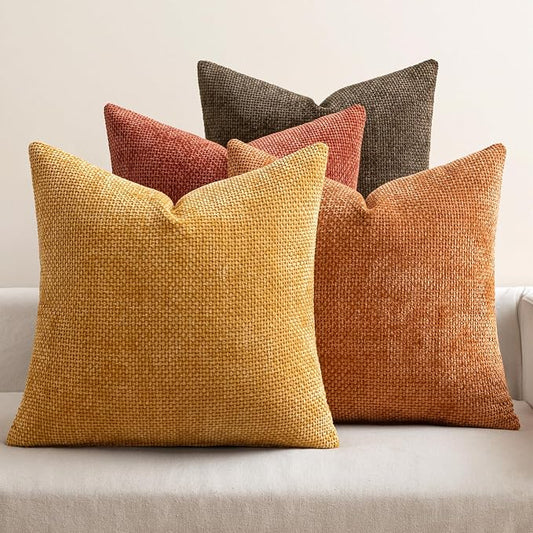 MIULEE Pack of 4 Orange/Yellow Couch Throw Pillow Covers 18x18 Inch Halloween Soft Decorative Chenille Pillows Farmhouse Accent Cushions for Boho Home Decor Spring Sofa Bedroom Living Room