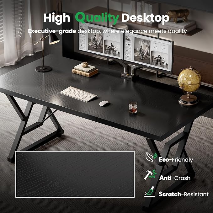 63" Large Executive Desk - Computer Office Desk Workstation, Modern Business Writing Table with Sturdy Metal Legs for Home Office (Black/Black)