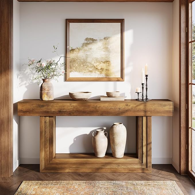 Tribesigns 63" Narrow Console Table, 2-Tier Long Entryway Table with Framed Base, Farnhouse Console Behind Couch for Living Room Hallway, Brown