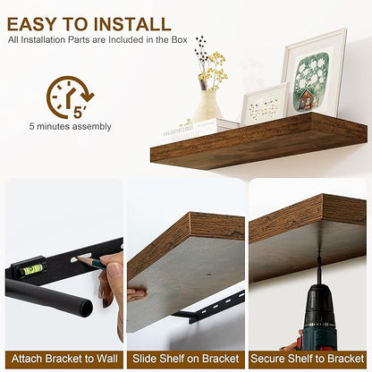 Fun Memories Floating Shelves for Wall, 55Inch Floating Shelves Set of 2, Hanging Shelf with Invisible Brackets, Wood Shelves for Living Room, Bedroom, Kitchen, Brown