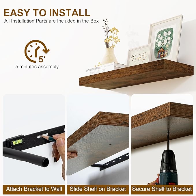 Fun Memories 66 Inch Fireplace Mantel - Long Floating Shelf, Wall Mounted Farmhouse Display with Invisible Heavy Duty Metal Bracket, Brown, 2 Pack