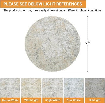 Round Rug 5ft Circle Rug Washable: Carpet Small Circular Area Rug for Entryway Kitchen Bedroom Dining Room Living Room 5 Feet Abstract College Dorm Non Slip Low Pile Beige Grey