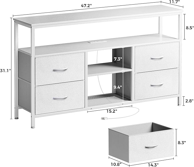 Huuger 47 Inch TV Stand Dresser with Power Outlets and LED Lights, 4 Drawers Entertainment Center with Open Shelf, Media Console for 55 50 Inch TV, Dresser with PU Finish, White