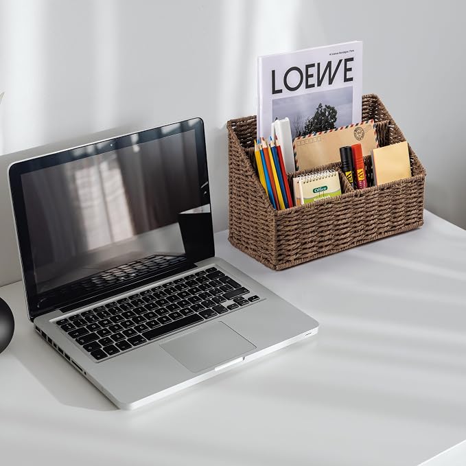 DINGTAI Woven Mail Organizer, Mail Organizer Countertop, Natural Tabletop Mail Holder, Rattan Desk Organizer, Boho Office Desk Accessories, Mail Basket for Bill Mail Papers Letters(Brown)